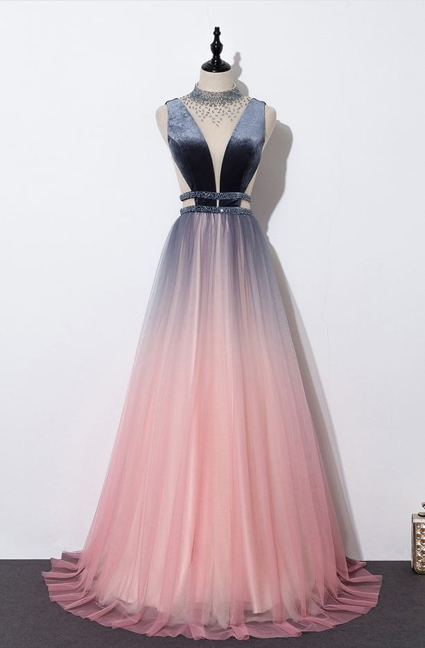 Charming Tulle Long Party Gown, Gradient Prom Dress 2020