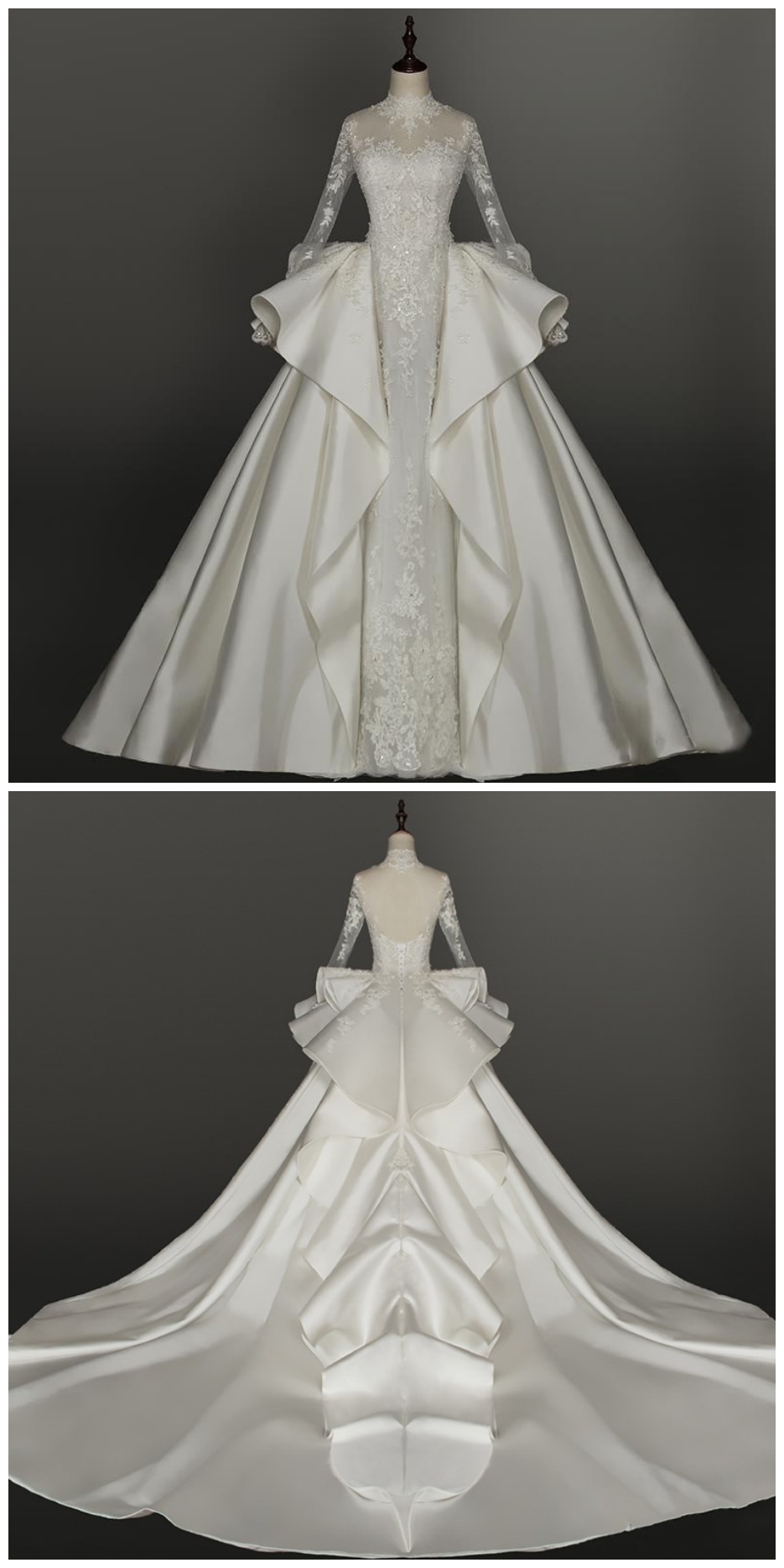 Empire Long Sleeve Satin Lace Luxury Vintage Wedding Dresses 2018 Wedding Gown Custom Made