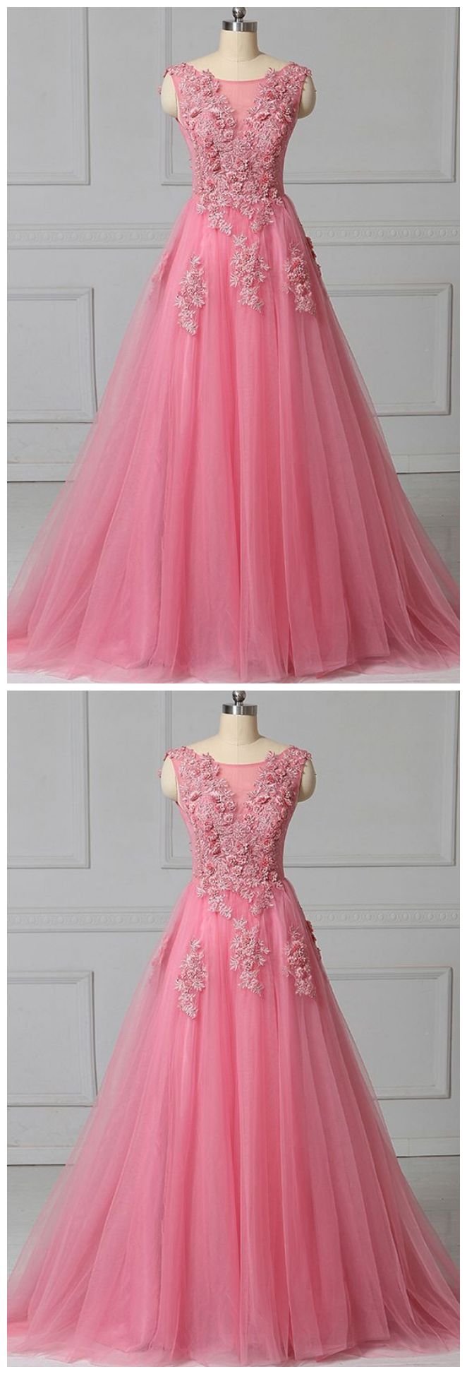 Tulle Scoop Neck 3d Lace Applique Evening Dress, Prom Dress For Teens