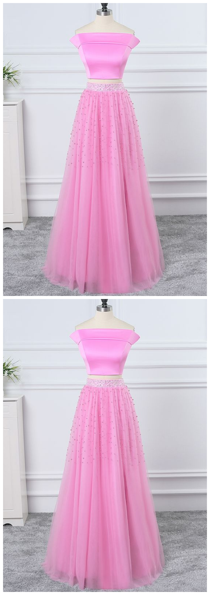 Tulle Two Pieces Strapless Long Beaded Prom Dress, Homecoming Dress