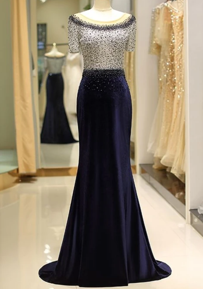 Mermaid Navy Blue Mother Of The Bride/groom Prom Dress With Short Sleeve Sequined