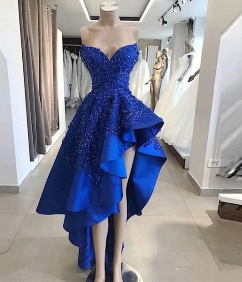 V Neck Royal Blue Beaded Prom Dresses, Evening Party Gowns