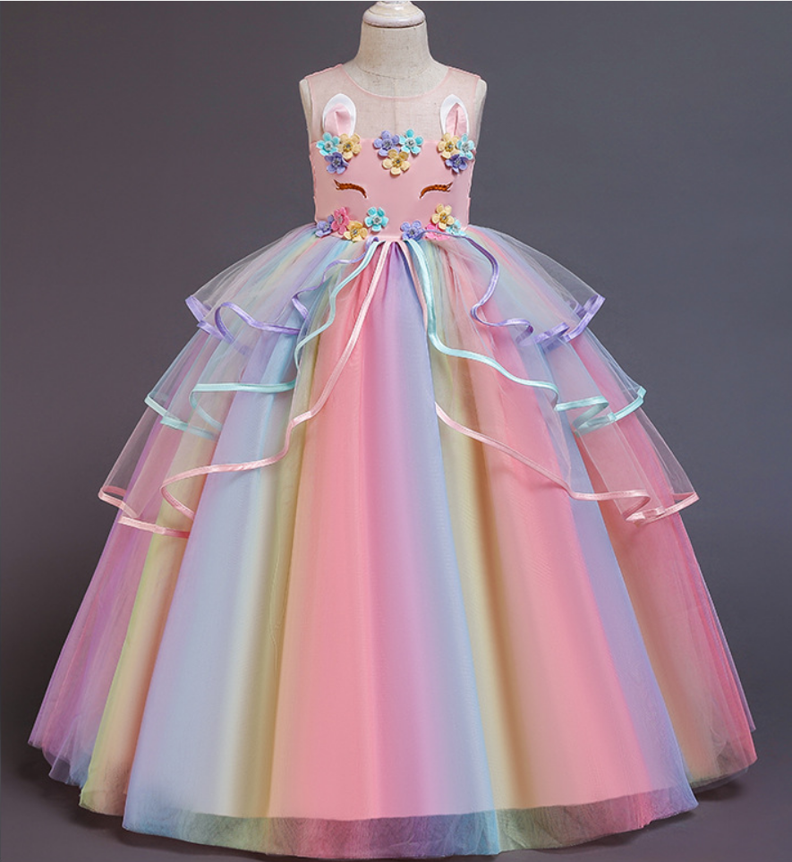 Flower Girl Dresses, European And American Dress Dress Girl Dress Unicorn Children Net Gauze Rainbow Bouffant Gauze Princess Skirt