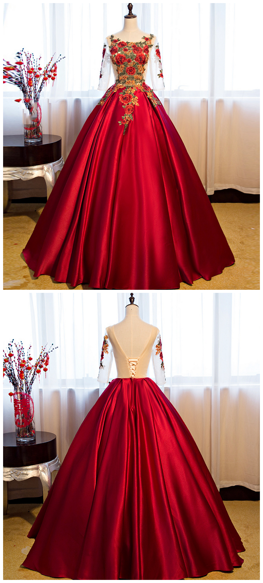 A Line 1/2 Sleeve Lace Satin Ball Gown Dress Formal Dress
