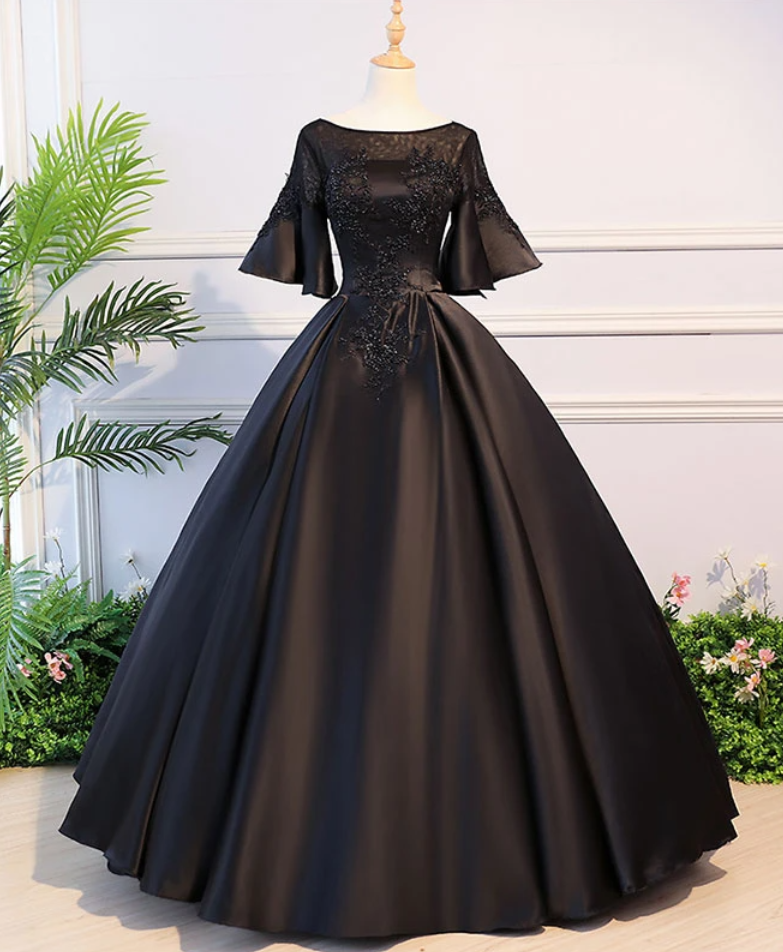 Black Round Neck Satin Lace Long Prom Dress, Sweet 16 Dress