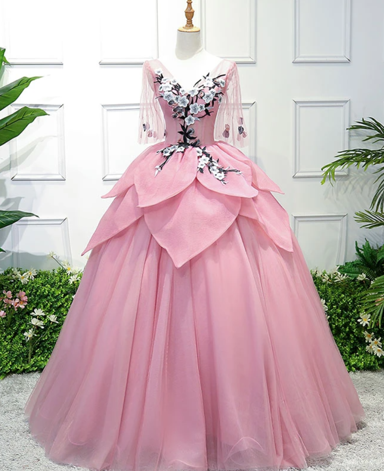 V Neck Tulle Lace Applique Long Prom Dress, Evening Dress