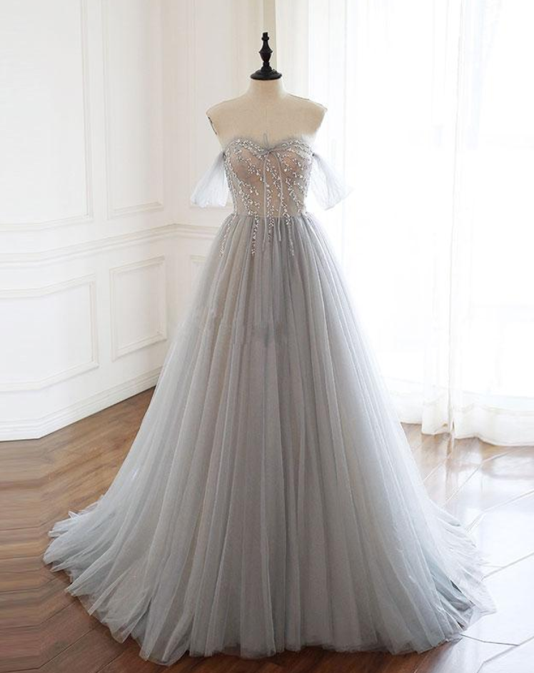 Sweetheart Tulle Beads Long Prom Dress Tulle Formal Dress