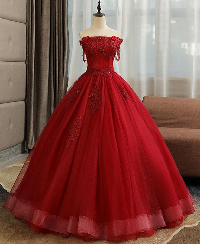 Burgundy Tulle Lace Long Prom Gown, Burgundy Tulle Lace Formal Dress