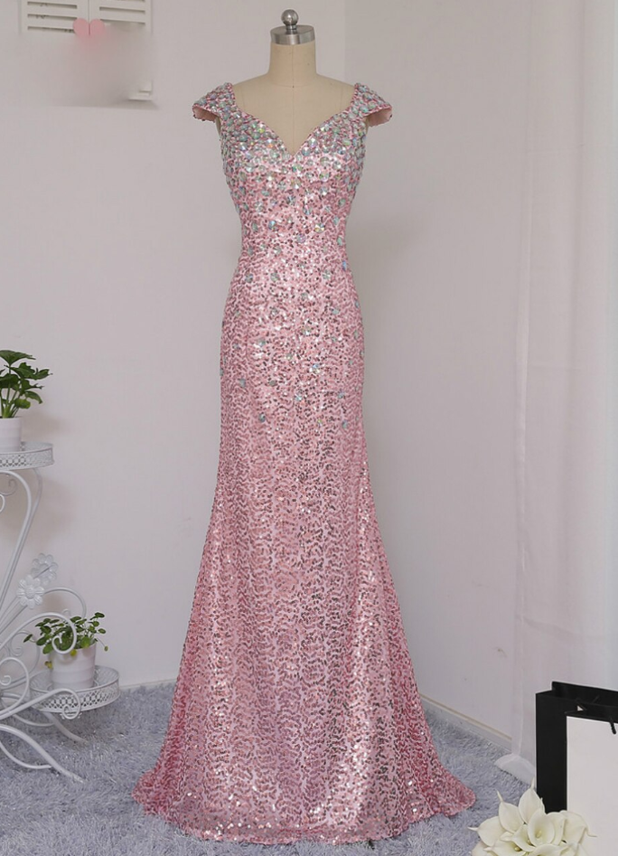 Prom Dresses Mermaid Cap Sleeves Crystal Sequins Long Backless Prom Gown
