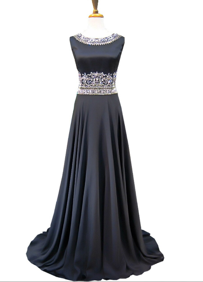 A-line Bling Bling Beaded Crystals Floor Length Black Prom Dress