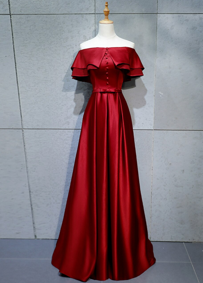 A-line Burgundy Satin Off The Shoulder Prom Dress With Button