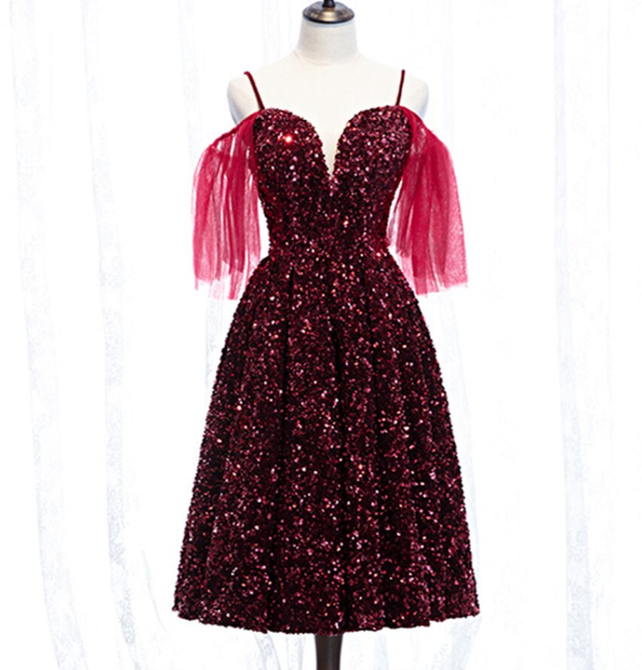 Sparkle Sequin Burgundy Tea Length Spaghetti Straps Prom Dress