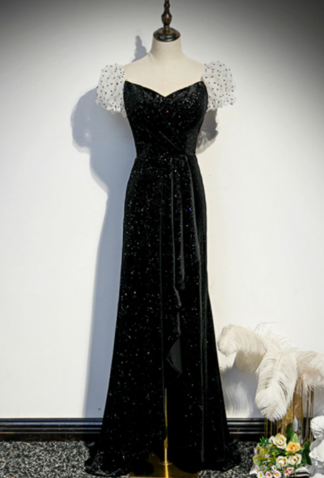 Black Velvet Puff Sleeve Pleats Prom Dress With Split