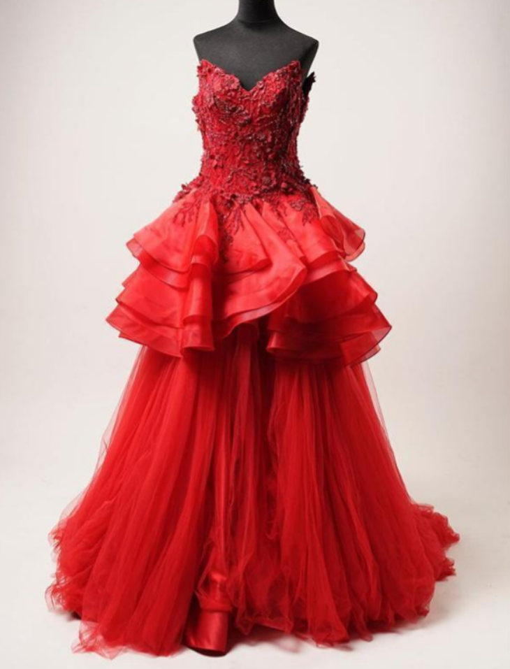 Red Lace Beaded Ruffles A-line Long Evening Prom Dresses, Evening Party Prom Dresses
