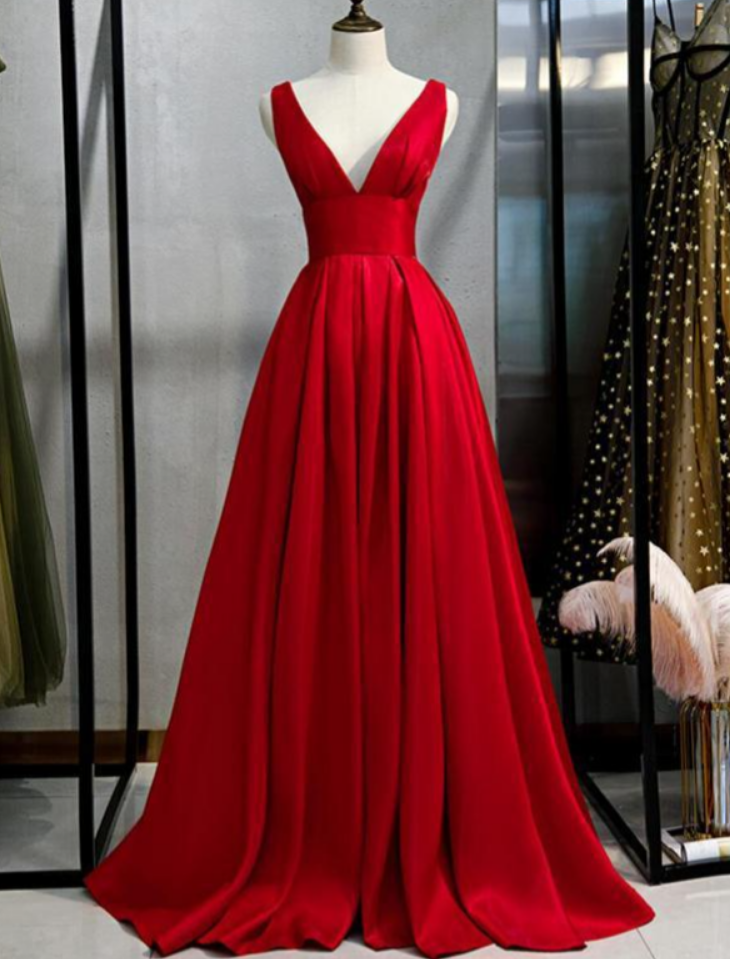 V Neck Simple Red A-line Long Evening Prom Dresses, Evening Party Prom Dresses