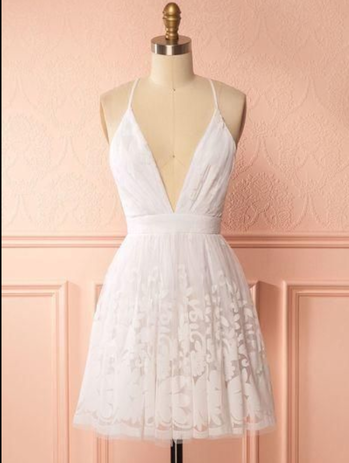 Simple White Lace Evening Dress, Short V Neck Open Back Homecoming Dress
