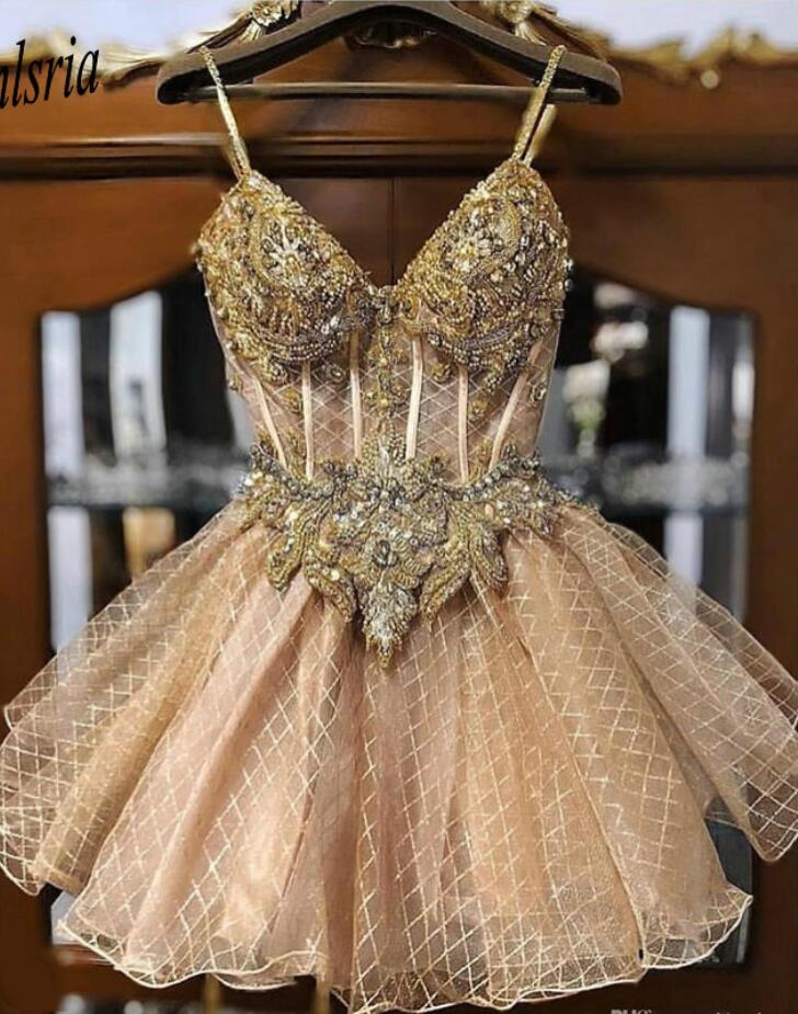 Champagne Beaded Crystals Homecoming Dresses Spaghetti A Line Lace Graduation Dress Short Sexy Cocktail Party Gowns