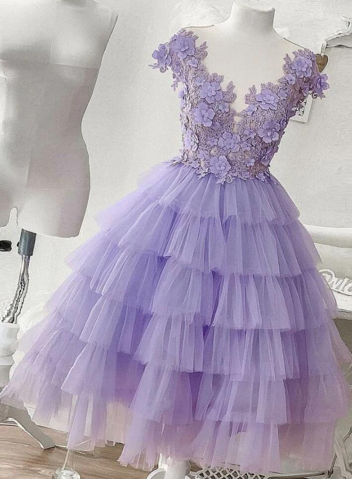 Purple Sweet Cute Homecoming Dresses V Neck Applique Flower Lace Layered Ruffles Tulle Ball Gown Women Short Prom Party Gowns