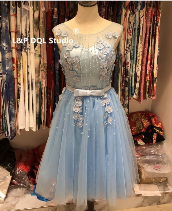 Fairy Prom Dress Real Photos Scoop Sheer With Applique Beading Tea Length Prom Dresses Evening Gowns