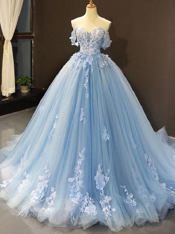 Romantic Blue Off The Shoulder Tulle Lace Appliques Ball Gown For Prom