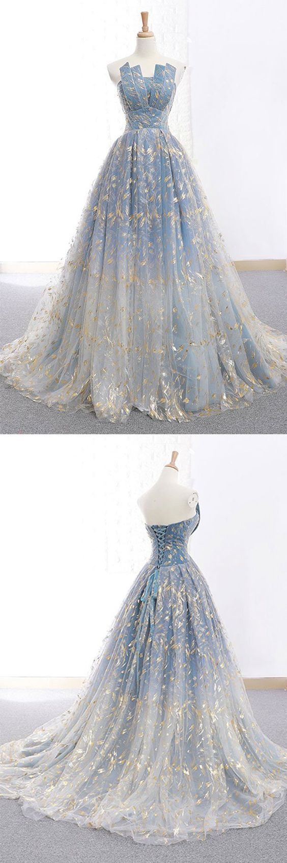 Ball Gown Blue Prom Dress With Delicate Gold Leaf Lace
