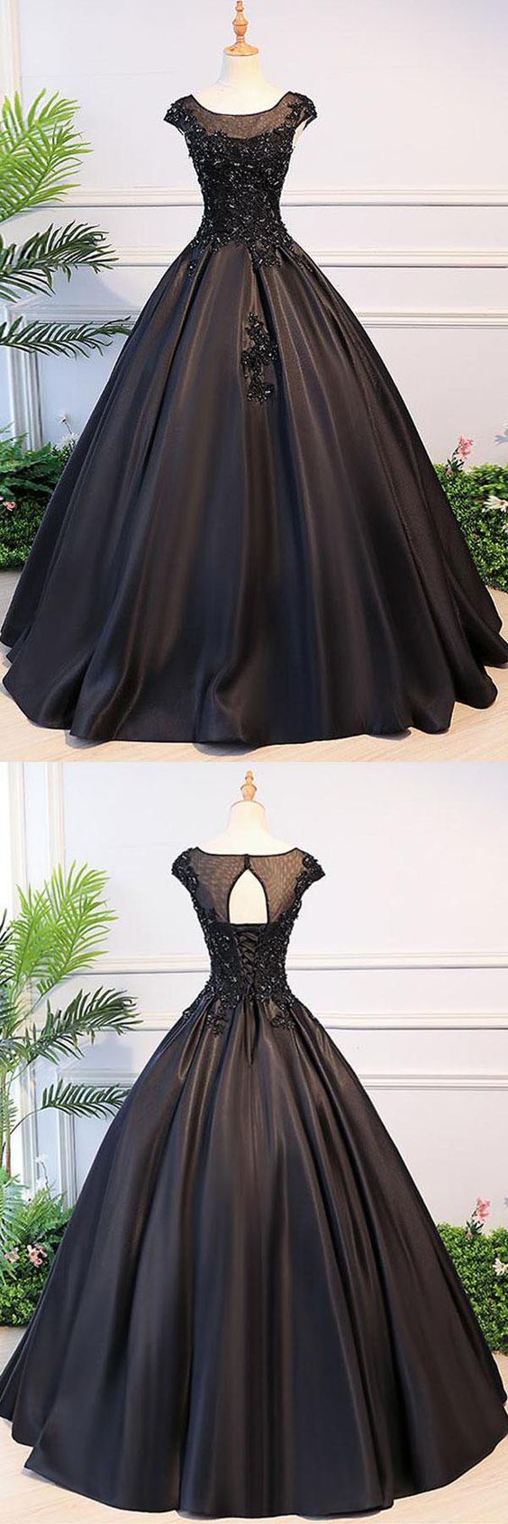Black Ball Gown Illusion Neck Cap Sleeves Prom Dress,graduation Ball Gown