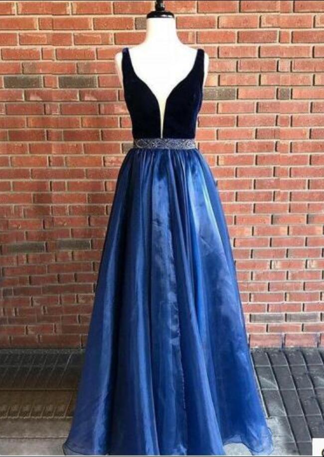 Navy Blue Slit Organza Prom Dress Graduation Dress With Beading Belt