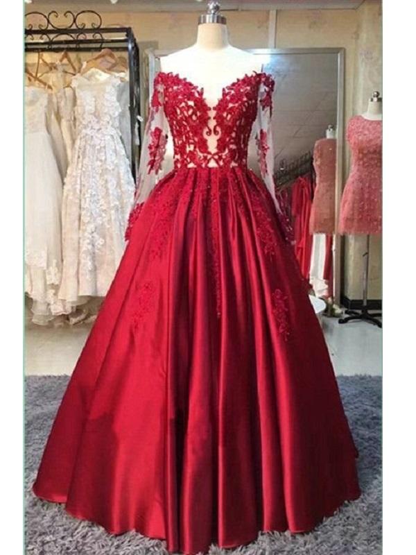 Ball Gown Prom Dress,red Prom Dress,off Shoulder Prom Dress, Long Sleeve Prom Dress