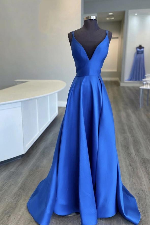 Blue V Neck Satin Long A Line Prom Dress Evening Dress