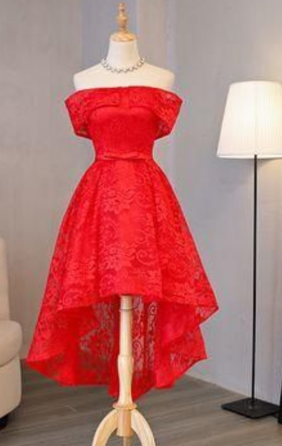 Red Lace Boat Neck Hi-low Homecoming Dress