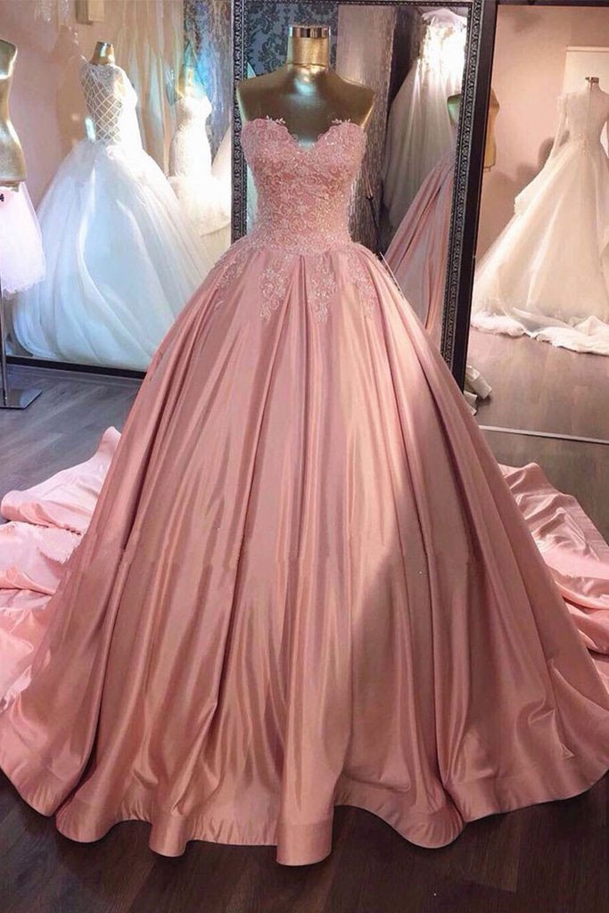 Pink Sweetheart Lace Long Ball Gown Prom Dress,sweet 16 Dress