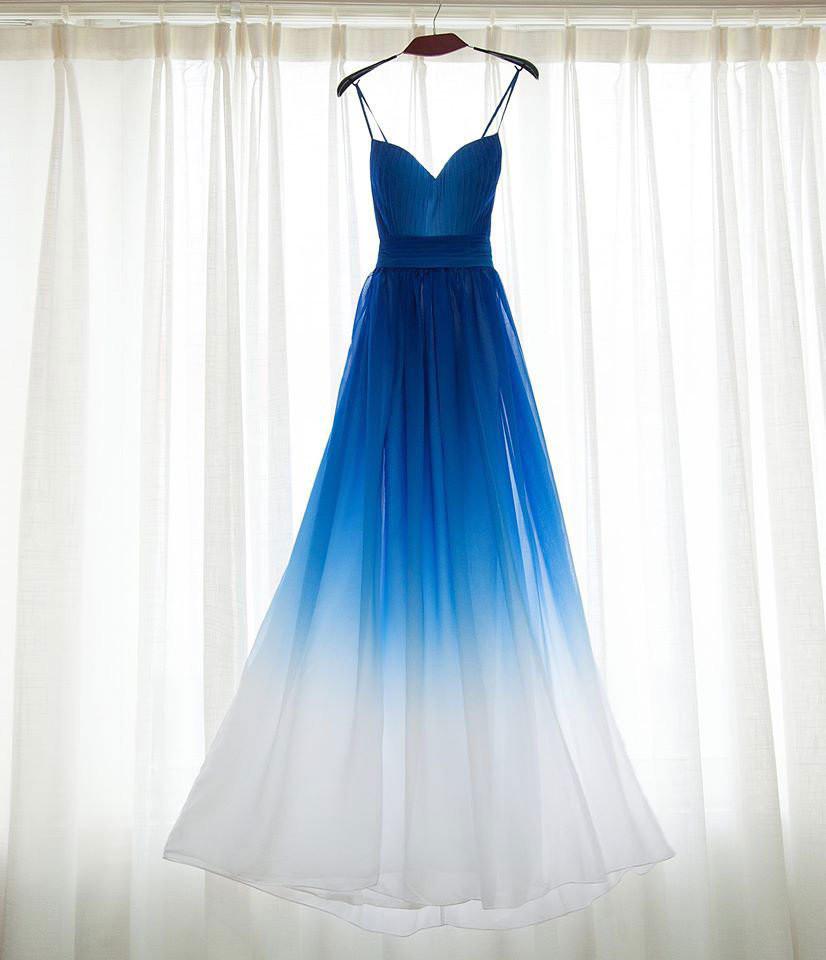 Royal Blue White Ombre Long Bridesmaid Dress,a-line Sweetheart Chiffon Prom Dresses