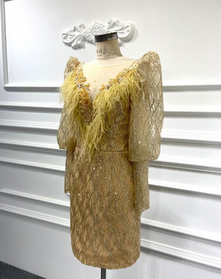 Luxury long-sleeved tulle sequined golden ball gown short