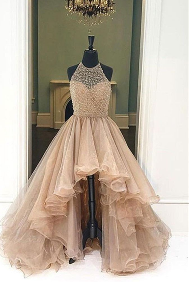 Halter Beaded High Low Organza Champagne Prom Dresses