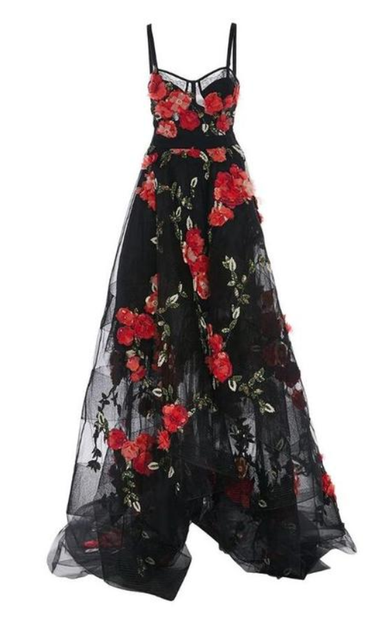Chic Black Spaghetti Straps Long Prom Dresses,pretty A Line Floral Sweep Train Long Evening Dresses