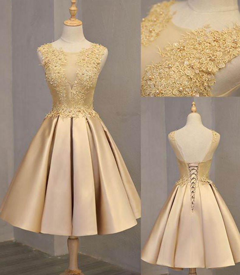 Cute Gold Lace Short Prom Homecoming Dress