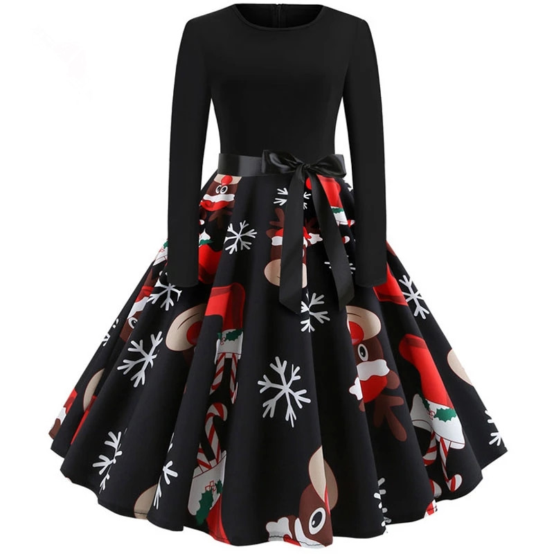 Winter Christmas Dresses Women 50S 60S Vintage Robe Swing Pinup Elegant Party Dress Long Sleeve Casual Plus Size Print Black 