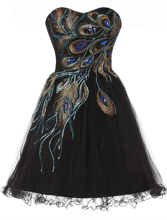 Black Short Tulle Homecoming Dress Featuring Sweetheart Bodice With Peacock Feather Embroidery And Lace-up Back