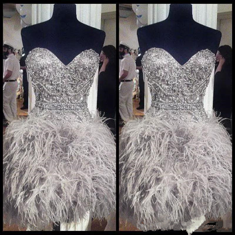 Short Prom Dresses With Feathers Sweetheart Neck Corset Lace Up Back Graduation Homecoming Dress Beading Crystal Cocktail Girls Gowns