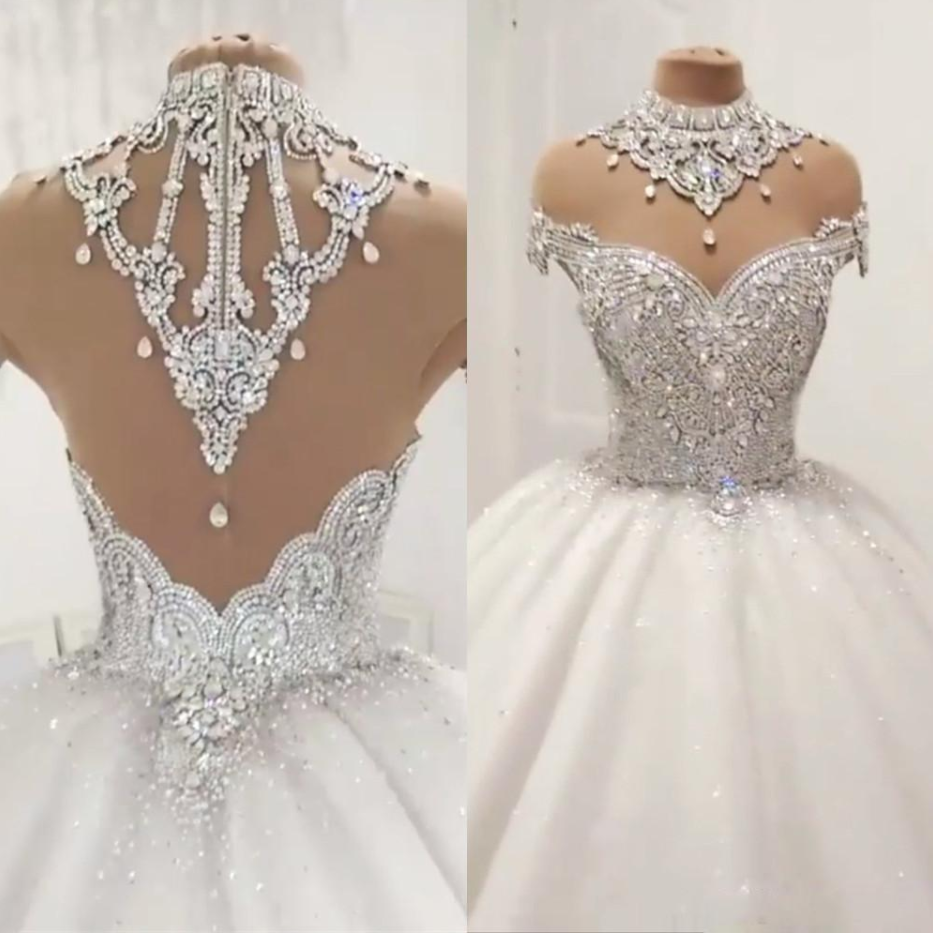 Luxury Ball Gown Wedding Dresses With Sheer Neck Cap Sleeves Beads Crystal Neck High Wedding Gowns Sexy Back Zipper robe de mariee
