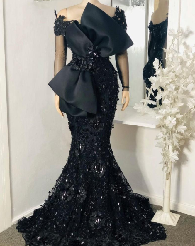 Elegant African Black Mermaid Evening Dresses Full Sleeves Lace Appliqued Beaded Arabic Aso Prom Gowns with Bow Robe De Soiree