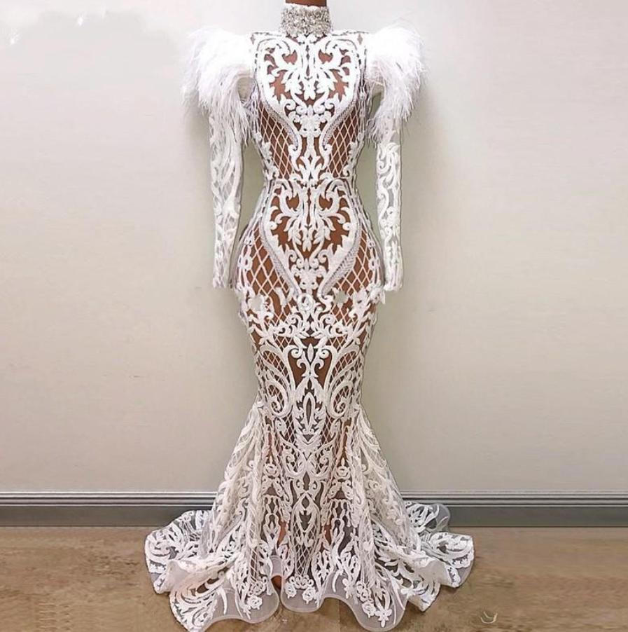See Through Mermaid Evening Dresses With Long Sleeves Lace Appliques Feathers Dubai African Prom Dress Long Sleeves High Neck Party Gowns