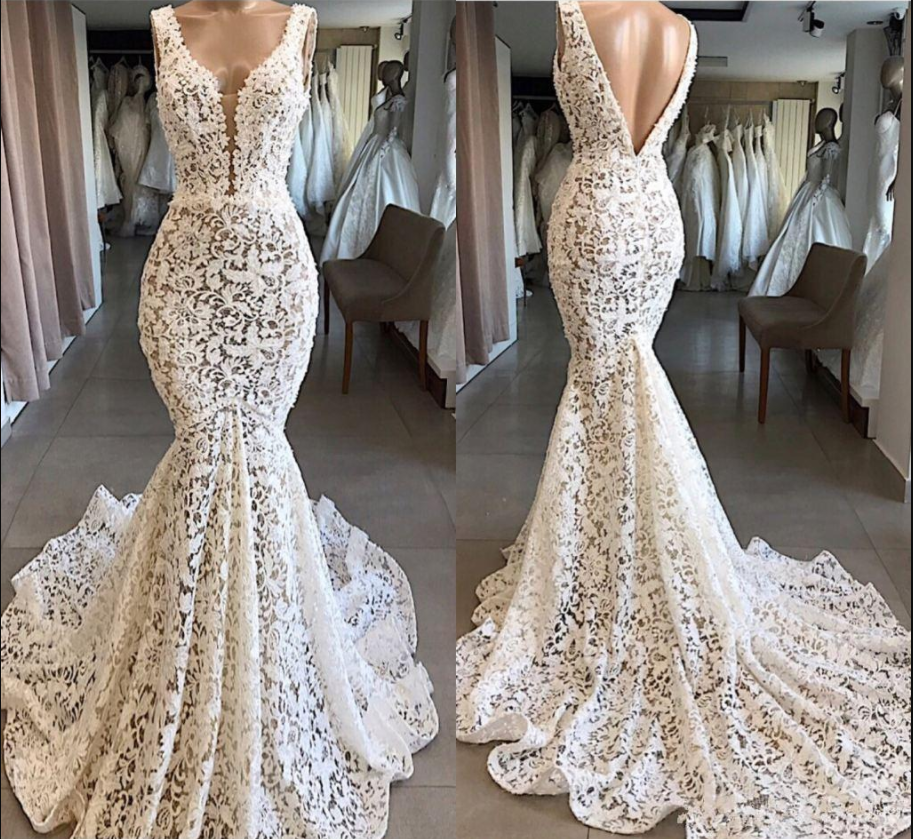 Real Image Mermaid Wedding Dresses 2020 Full Lace Modest V-neck Backless Country Bohemian Beach Bride Wedding Gowns Robe De Mariee
