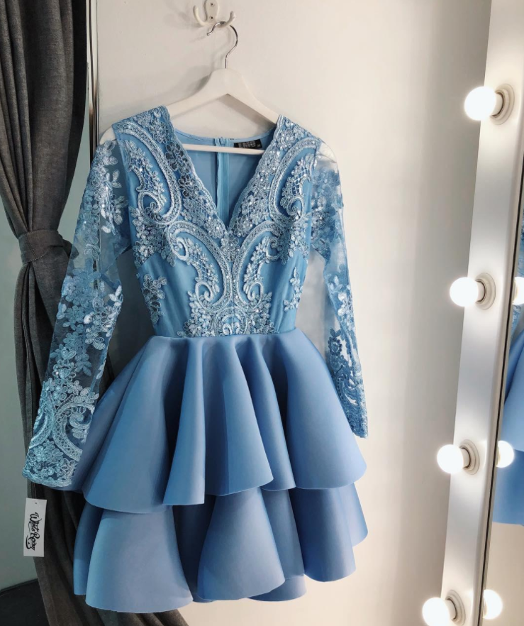 Baby Blue V Neck Lace A Line Homecoming Dresses Long Sleeves Applique Tiered Layers Short Party Cocktail Prom Dresses