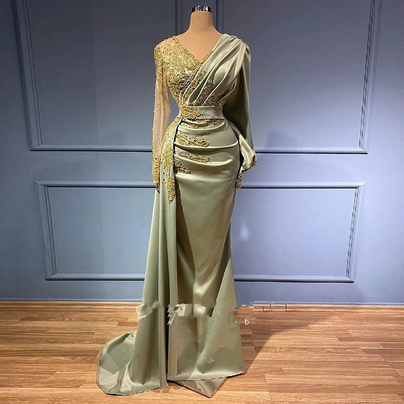 Elegant Mint Green Mermaid Arabic Evening Dress Long Sleeve V-neck Beaded Dubai Formal Dresses For Women Wedding Party Gowns