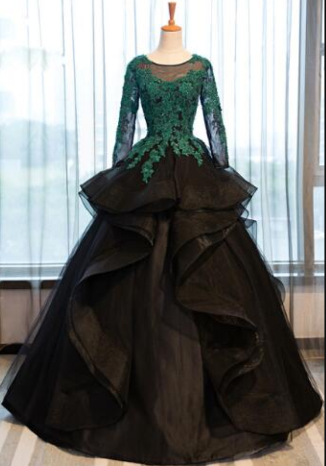 Black Long Sleeve Prom Dresses Costume Applique Lace Sheer Tulle Evening Dress Banquet Ball Gowns Formal Gown,