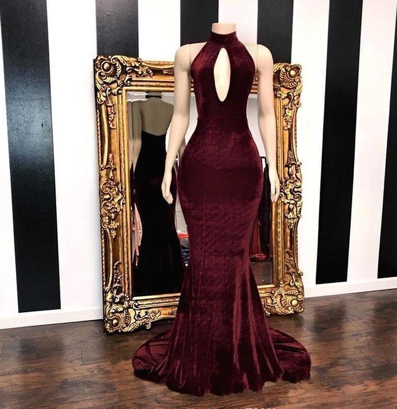 Cheap Sexy Velvet Sleeveless Prom Dresses Keyhole Neck Hollow Out Backless African Evening Gowns