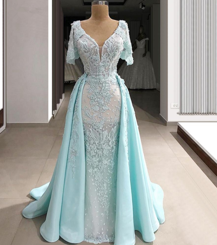 Sky Blue Lace Appliqued Mermaid Evening Dresses With Detachable Train V Neck Short Sleeves Prom Formal Party Pageant Gown