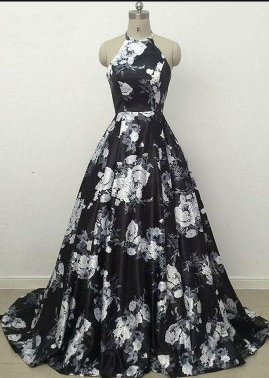 Halter Printing Prom Dress,a Line Prom Dress, Prom Dress,sweep Train Black Print Prom Dress,sleeveless Satin Prom Dress