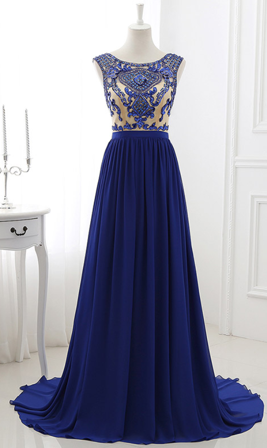 knee length dresses for ladies A-Line V-Neck Royal Blue Long Sleeves Prom Dress with Appliques PG996 US12 / Custom Color main image 1